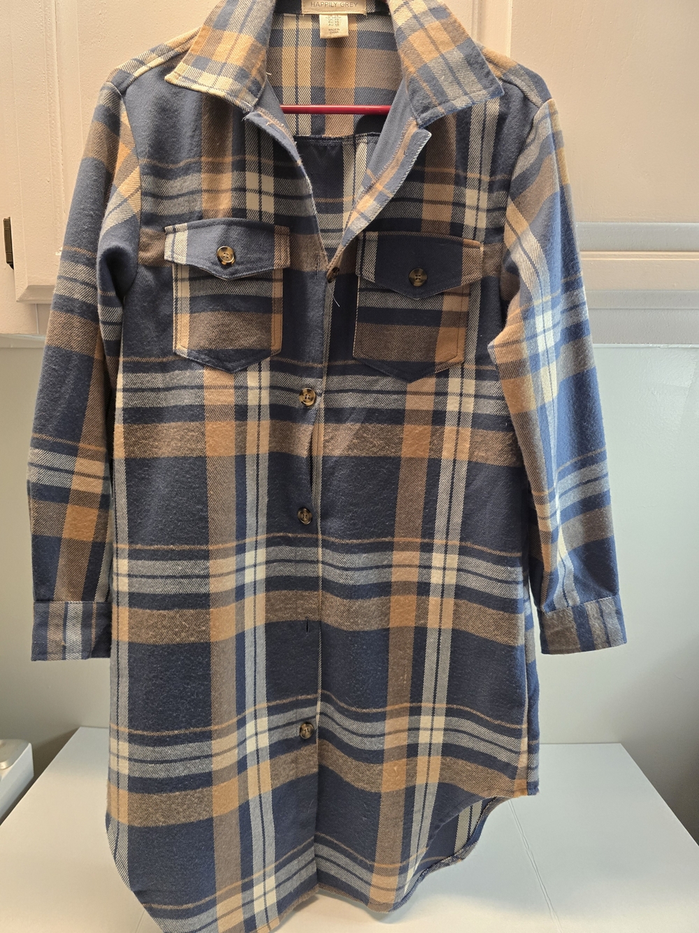 Plaid Button-Down Shacket in Blue and Tan - Women
